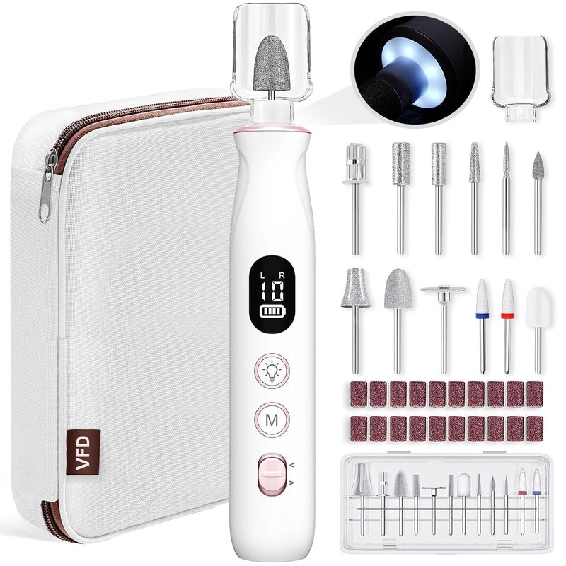 VFD Electric Nail Drill, Cordless 2000 mAh Rechargeable Portable Nail File 12 in 1 Kit for Thick Toenails, 10 Speeds Nail Dril Machine Professional Manicure Pedicure for Hand Natural Nails Care (White) - Image 1